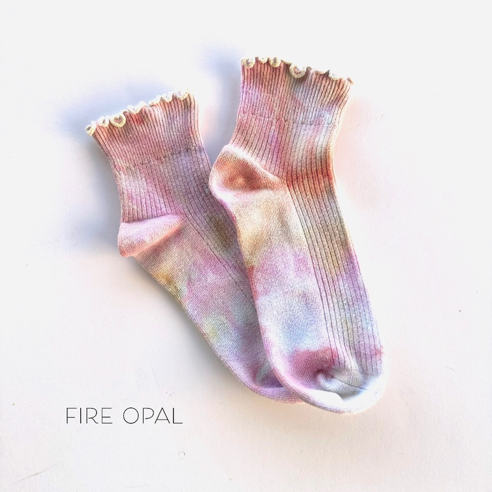 Pastel Rainbow Ruffle Socks Womens MidCrew Ice Dye Socks Hand Dye Tie Dye Size L